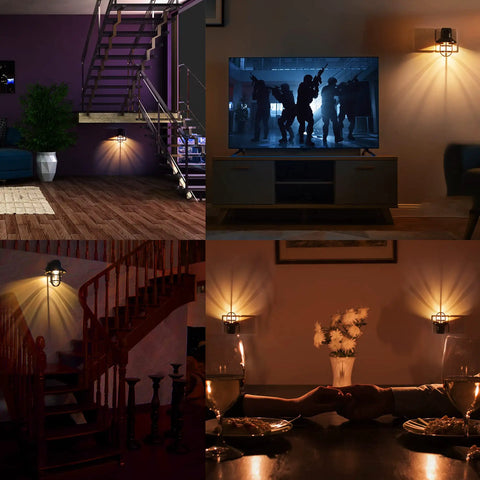 Six Pack Rustic Farmhouse Night Lights Plug In Dusk To Dawn 2700K Warm White With Vintage Black Cage by stairs and TV