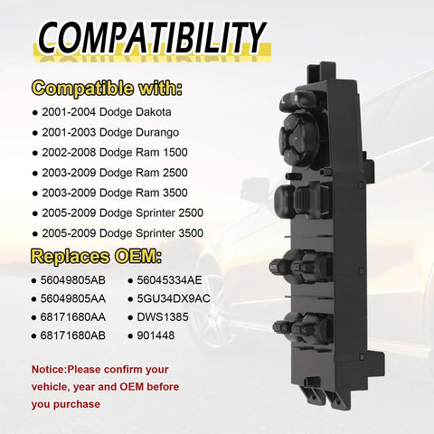 Power Window Switch Driver Side Control For Dodge Durango 2001 2003 Ram Truck 2002 2009 Dakota 2001 2004 Sprinter 2005 2009 Replace OEM 56049805AA 56049805AB with compatibility chart