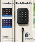 Keyless Entry Door Lock With Electronic Keypad Deadbolt Auto Lock Anti Peeking Passwords Emergency Power Port Easy Installation Smart Home Ready Secure Black Finish For Front Or Back Door No Keys Needed, installed on a door with backlit keypad.