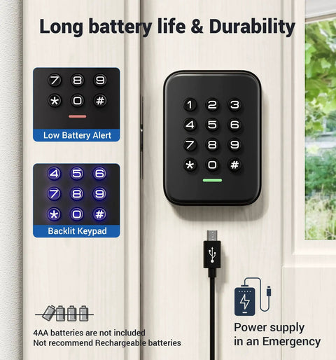 Keyless Entry Door Lock With Electronic Keypad Deadbolt Auto Lock Anti Peeking Passwords Emergency Power Port Easy Installation Smart Home Ready Secure Black Finish For Front Or Back Door No Keys Needed, installed on a door with backlit keypad.