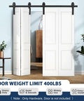 60 Inch Bi Folding Sliding Barn Door Hardware Kit for Four Bifold Doors shown installed with white doors on track
