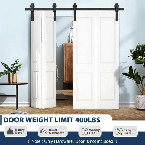 60 Inch Bi Folding Sliding Barn Door Hardware Kit for Four Bifold Doors shown installed with white doors on track