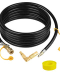 Coiled black tube with brass fittings, featuring a 90-degree elbow adapter for RVs. Upgraded 18 Foot RV Quick Connect Propane Hose With Elbow Adapter