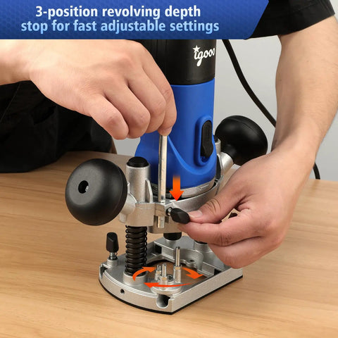 Powerful 850W Plunge Router Kit for woodworking with soft start being adjusted with 3-position revolving depth feature