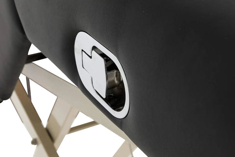 Detail of Sierra Comfort Standard Electric Lift Massage Table with adjustable height feature and steel frame.