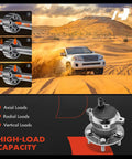 Two Pack Rear Wheel Bearing And Hub Assembly With ABS And 5-Lug For Ford Escape 2013 2019 C-Max 2013 2018 And Lincoln MKC 2015 2019 FWD Compatible Direct Fit Replacement For Easy Install And Long Lasting Durability shown with off-road driving and load capacity details, image includes rear view of car and parts.