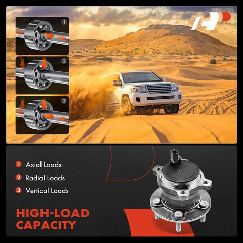 Two Pack Rear Wheel Bearing And Hub Assembly With ABS And 5-Lug For Ford Escape 2013 2019 C-Max 2013 2018 And Lincoln MKC 2015 2019 FWD Compatible Direct Fit Replacement For Easy Install And Long Lasting Durability shown with off-road driving and load capacity details, image includes rear view of car and parts.