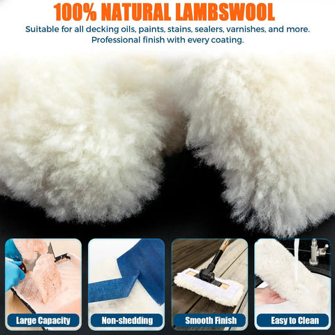Close-up of lambswool in 4 Pack Pro Grade 10 Inch Lambswool Applicator Kit With 180 Degree Adjustable Lambskin Deck Stain Applicator