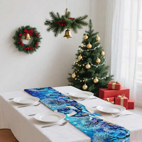 Cozy Linen Christmas Table Runner With Blue Snowy Village Winter Scene For The Fam And Family Holiday Gatherings 13x72 Inches 2D Printed