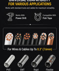 Universal compatibility guide for Heavy Duty Drill Powered Cable Pulling Tool Automatic Wire Fish Tape, showing conduit types.