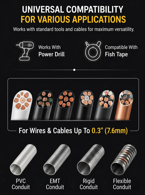 Universal compatibility guide for Heavy Duty Drill Powered Cable Pulling Tool Automatic Wire Fish Tape, showing conduit types.