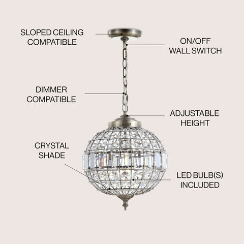 Antique Brass Crystal LED Pendant Light For Kitchen And Dining Room Glam Globe Chandelier With Clear Crystal Shade Dope Modern Ceiling Lamp For Entryway And Hallway Energy Saving LED Bulbs Included, showcasing adjustable chain and crystal shade.