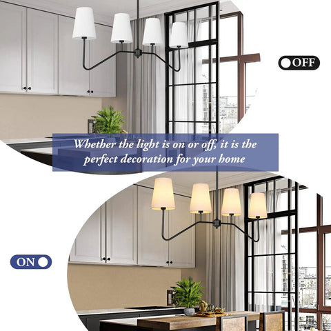 Linear Pendant Chandelier For Kitchen Island With Four Lights, Sleek Black Metal Fixture Over Table, Modern Dining Room Lighting, 4 Light Chandeliers With White Fabric Shades, Bulb Not Included