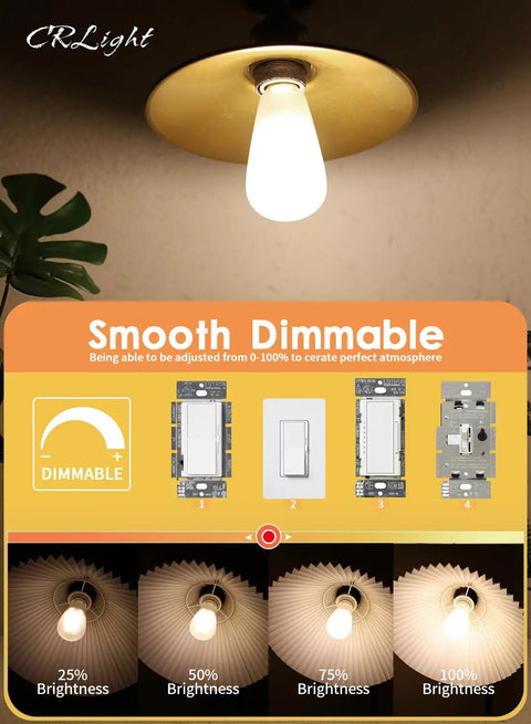 Pendant light with Dimmable 8W Edison LED Bulb 3000K Soft White, showing smooth dimming from 25% to 100% brightness.