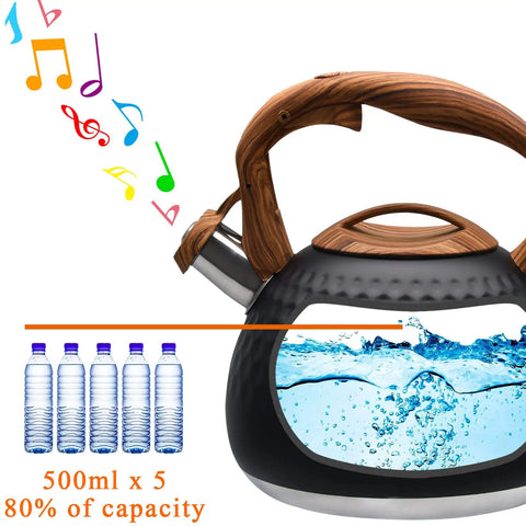 Loud Stovetop Tea Kettle With Whistle For Boiling Water Coffee Or Milk 3.1 Quart Heavy Stainless Steel Black With Wood Pattern Handle
