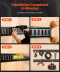 Five Foot E Track Tie Down Rail Kit installation process with drill, securing tools, and accessories on wooden surface.