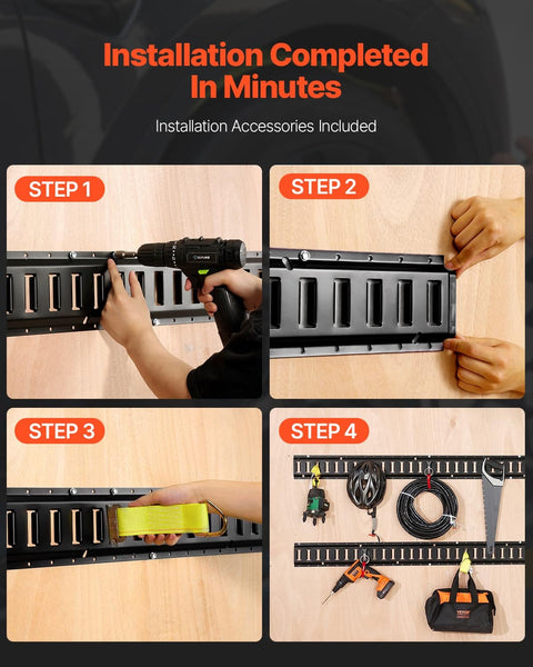 Five Foot E Track Tie Down Rail Kit installation process with drill, securing tools, and accessories on wooden surface.