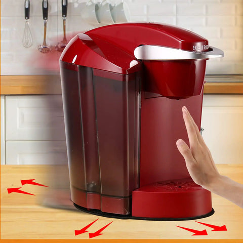 Slick Slide Mat For Keurig K Classic Coffee Maker Slider Pad Mover Extender Tray shown working under a red coffee machine.