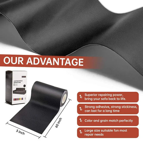 Top Shelf Black Leather Repair Tape That Seriously Saves Your Gear Easy Peel Stick Self Adhesive Vinyl Patch For Couches Sofas And Car Seats Zero Heat Or Messy Tools Required Guaranteed To Stick Like Crazy, 3 inch x 60 inch roll on a flat surface.