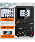 4 Digit LCD DC Power Supply Adjustable 30V 10A 300W Bench Source Regulator with USB 5V 2A Charger and color LCD display