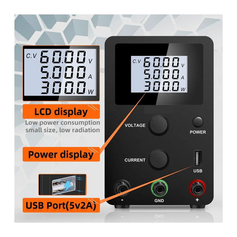 Dope Lab Bench Power Supply 30V 10A 300W With LCD 4 Digit Display Dual Knob Voltage Regulator Switching DC Supply USB 5V 2A Charge Port Smart Cooling Fan Ideal For PCB Repair And Prototyping front view with LCD and dual knobs