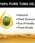 All Natural Pure Tung Oil For Wood Finish And Waterproofing Sealant graphic with plant icon and benefits like eco-friendly and food-grade.