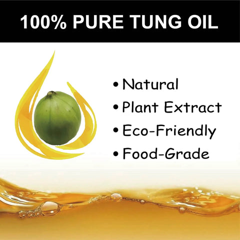 All Natural Pure Tung Oil For Wood Finish And Waterproofing Sealant graphic with plant icon and benefits like eco-friendly and food-grade.