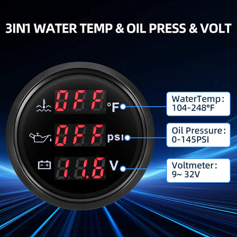 3-in-1 marine gauge kit displaying water temperature, oil pressure, and voltage for boat and yacht use