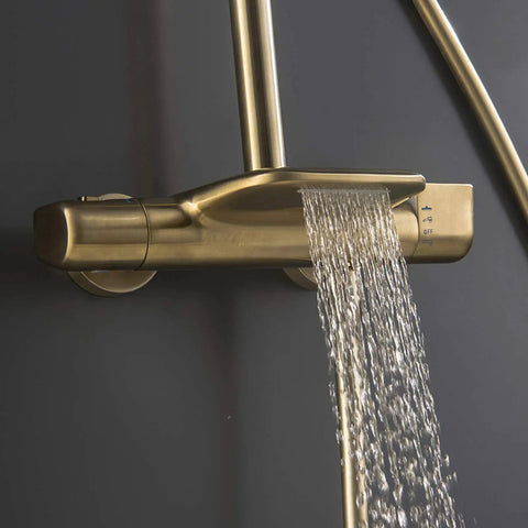 Slick Brushed Gold Thermostatic Shower System With Stable Flow Rainfall Head Wall Mounted Bathroom Faucet Set featuring waterfall spout.