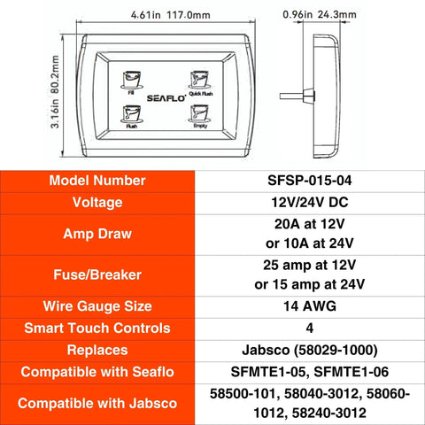 Smart Switch Panel For Quiet Flush Marine Toilets With One-Touch Control, Flush-Mount 12V/24V dimensions and specs