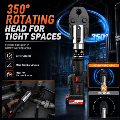 21V Brushless Electric Copper Pipe Crimper with 350° rotating head for precise crimping in tight spaces.