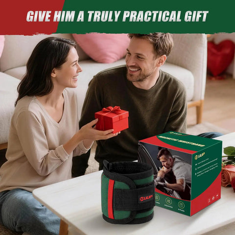Couple exchanging gift with Magnetic Wristband With LED Light For Mechanics And DIY Pros Tool Belt Gift For Fathers Day