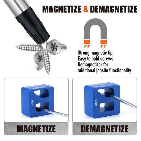 Magnetic Torx Screwdriver Set 14 Pieces In CR V Steel T4 to T40 showing magnetizing and demagnetizing function