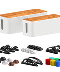 Two Pack Wooden Style Cable Organizer Boxes with Sixteen Cable Clips in various colors, large and medium, for home and office use