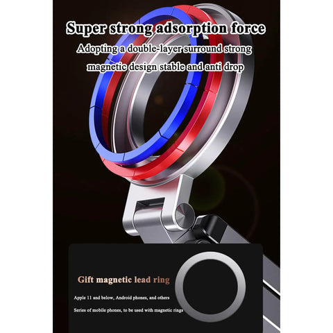 Close-up of aluminum magnetic phone tripod with double-layer magnetic ring, compatible with iPhone 12-16 Pro Max series.