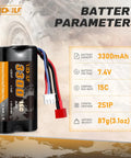 7.4V 3300mAh Li-Ion RC Battery With Dean-Style T Plug, specifications, and parameters for WLtoys high-speed RC cars.
