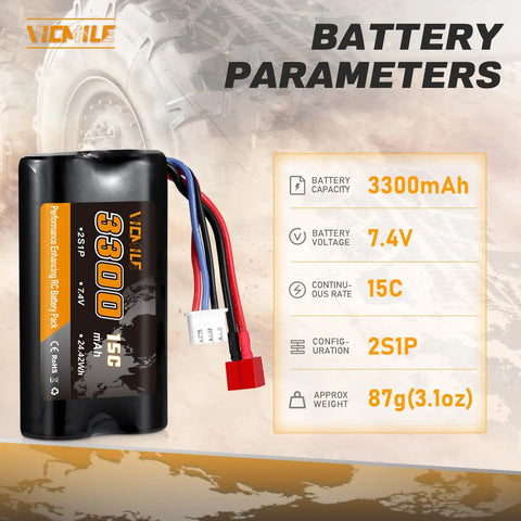 7.4V 3300mAh Li-Ion RC Battery With Dean-Style T Plug, specifications, and parameters for WLtoys high-speed RC cars.