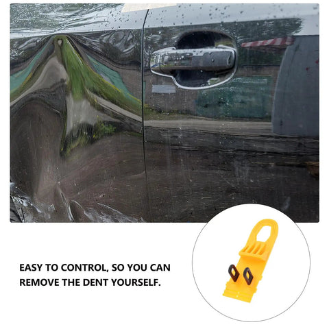 Professional Grade Paintless Dent Removal Kit Featuring Sturdy Pullers And Strong Glue Tabs To Knock Out Dinged Up Bumpers Fenders And Hoods Restore Your Banged Up Ride Clean Now, yellow puller tool for easy dent removal.