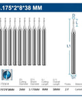 Set of 10 2-flute carbide end mills, 1/8 inch shank (3.175 mm), front view