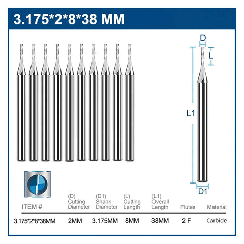 Set of 10 2-flute carbide end mills, 1/8 inch shank (3.175 mm), front view