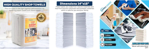 Cotton Shop Towels 14 By 12 Inches 145 Pack Reusable Cleaning Rags For Automotive Garage Workshop And Industrial Use shown in packaging