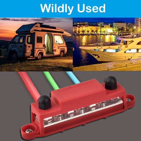 Top Shelf Heavy Duty Bus Bar Power Distribution Block Featuring Thick Tinned Copper Plates And Massive Stud Terminals For Flawless Two Hundred Fifty Amps Twelve Volt Solar Rv Automotive Battery Setup with colorful wires.