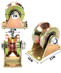 Close-up of 8 Pack 2 Inch V Groove Wheel Set For Sliding Gates And Industrial Rails Heavy Duty Steel Caster Wheels with measurements
