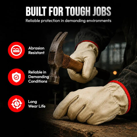 Beefy Leather Work Gloves 12 Pairs Sold By The Dozen, Split Cowhide With Keystone Thumb, shown holding a hammer, ideal for construction.