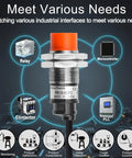 M18 Inductive Proximity Sensor Switch With 8mm Sensing Distance, displays various industrial interfaces