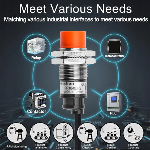 M18 Inductive Proximity Sensor Switch With 8mm Sensing Distance, displays various industrial interfaces