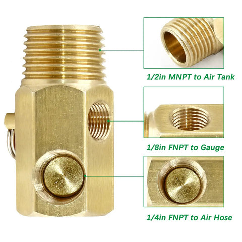 Air Tank Replacement Manifold For Portable Air Compressor, Brass Body With Aluminum Knob And Stainless Spring showing MNPT and FNPT connections
