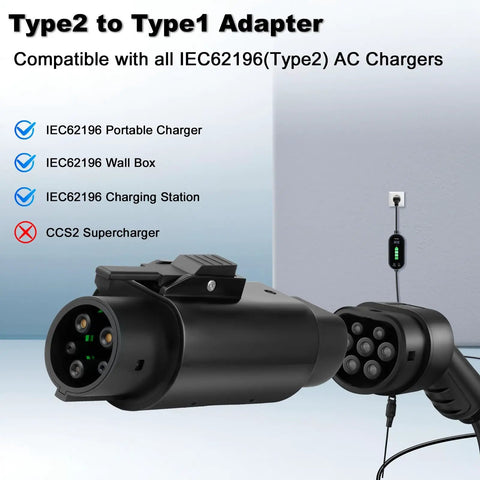 Type 2 To Type 1 EV Charging Adapter With No Sweat Anti Drop Plug Handles, for J1772 charging, black, compatible with IEC62196