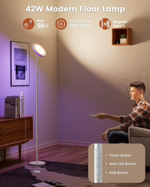 RGB Floor Lamp With Remote And Touch Control Dimmable 2700K To 6500K Torchiere Tall Standing Lamp in a living room setting