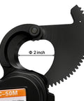Cordless Ratcheting Cable Cutter blade detail, 2-inch diameter, alloy steel for heavy-duty electric wire cutting, EC-50M model.